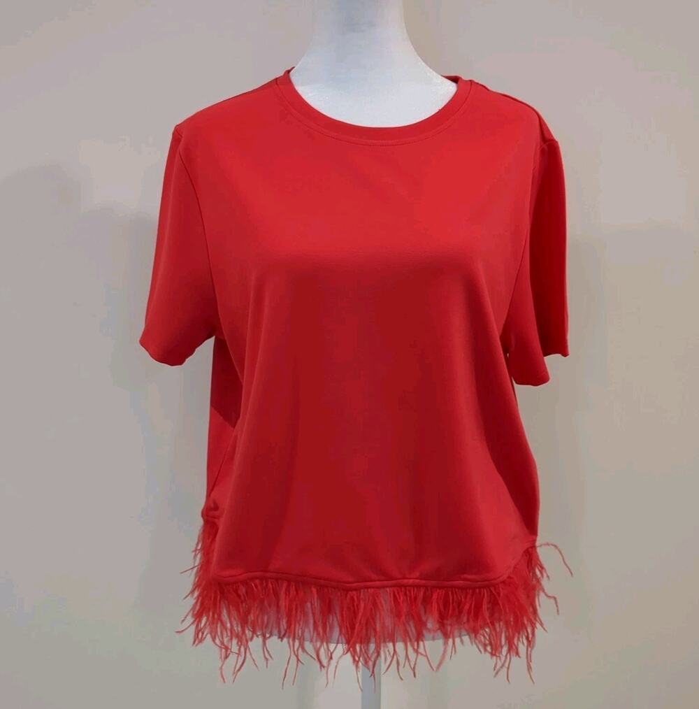 For Cynthia Red Feather Trim Short Sleeve Top Women's L Boho Fringe Flare